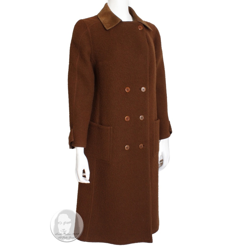 Hermes Brown Double Breasted Suede Leather Trim Trench Style Wool Coat, 1970s - Picture 8 of 13